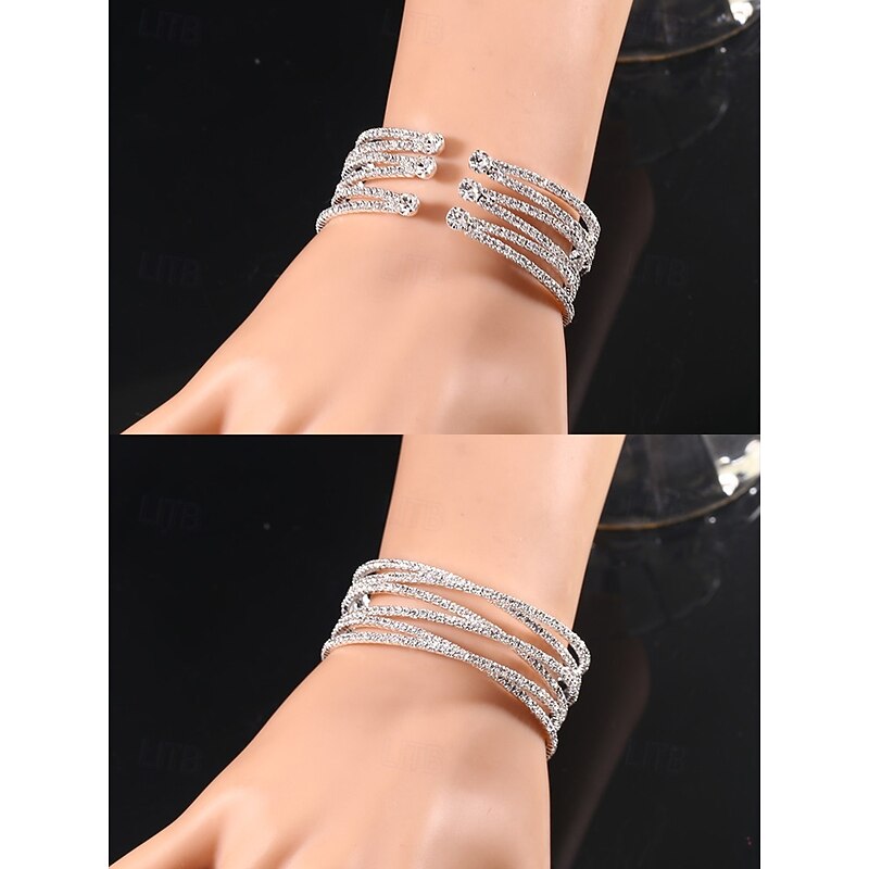 Women's Multi-layered Rhinestone Cuff Bracelet - Elegant Silver Jewelry with Sparkling Rhinestones for Weddings, Parties and Special Occasions2
