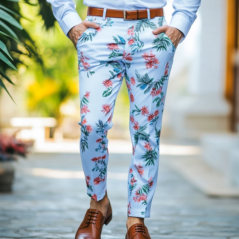 Men's Floral Plants Flowers Dress Pants Trousers Mid Waist Business Casual Outdoor Vacation Streetwear with Pockets Slim Fit Flat-Front Summer Spring 3D Print Blue