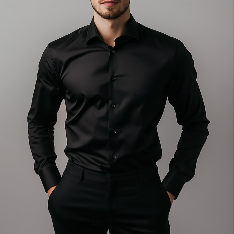 Men's Daily Party Dress Shirt Homecoming Standard Fit Long Sleeve Lapel Solid Color Polyester Black 2025