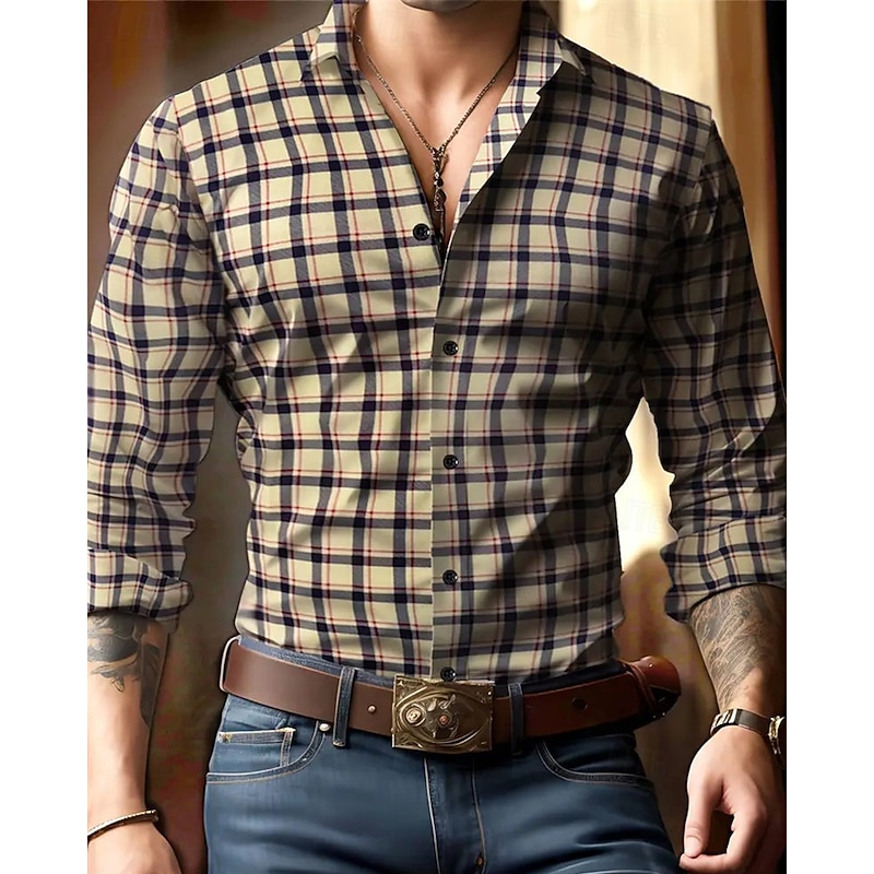 Men's Shirt Summer Shirt Casual Shirt Button Up Shirt Light Khaki Black khaki Gray Long Sleeve Plaid Lapel Vacation Hawaiian Buttons Clothing Apparel Polyester Fashion Casual Comfortable