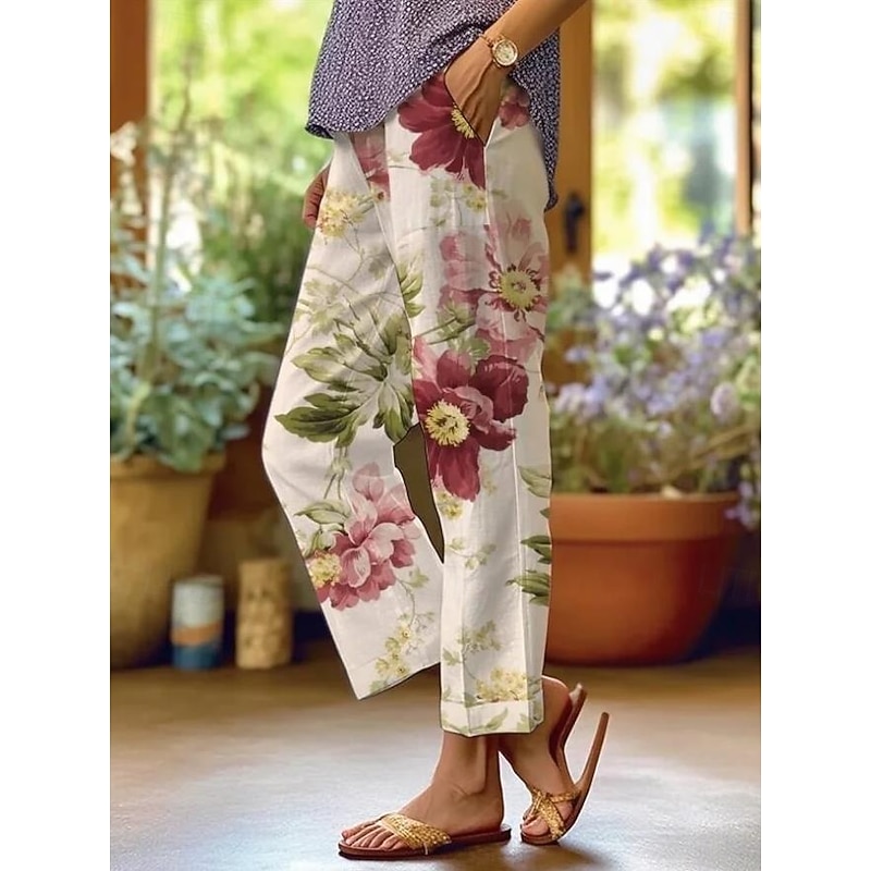 Women's Cotton Linen Pants Baggy Pants Linen Like Active Vintage Fashion Full Length High Waist Floral Graphic Animal Printing Thermal Warm Breathable Soft Micro-elastic Outdoor Daily Rainbow