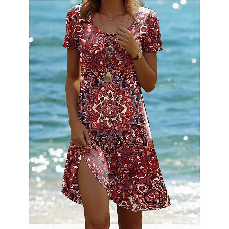Women's Mini Dress Vintage Dress Casual Dress Boho Chic Dresses Bohemia Vacation Vintage Vacation Daily Regular Fit Geometric Paisley Boho Paisley Damask Short Sleeve Crew Neck Pink Red Blue Green4