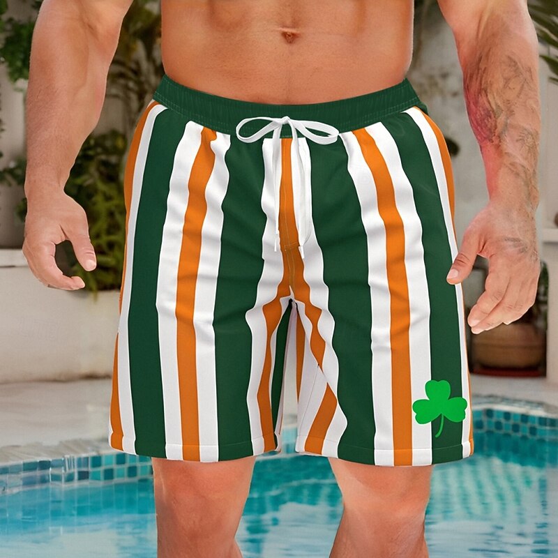 St. Patrick's Day Men's Four Leaf Clover Patriotic Irish Flag Swim Trunks Swim Shorts Board Shorts Mid Waist Hawaiian Holiday Side Pockets Mesh Lining Elastic Drawstring Waist Designer Clothing