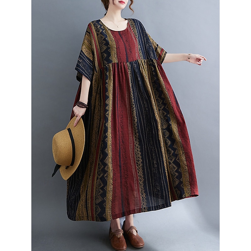 Women's Maxi Dress Cotton Linen Dresses Casual Dress Basic Casual Vacation Daily Regular Fit Graphic Short Sleeve Crew Neck Dark Brown Burgundy Summer4