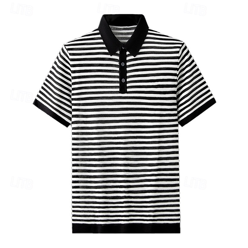 Men's Polo Knit Polo Sweater Business Casual Lapel Short Sleeve Formal Stripes Buttons Summer Black Light Green Dark Green Brown Polo