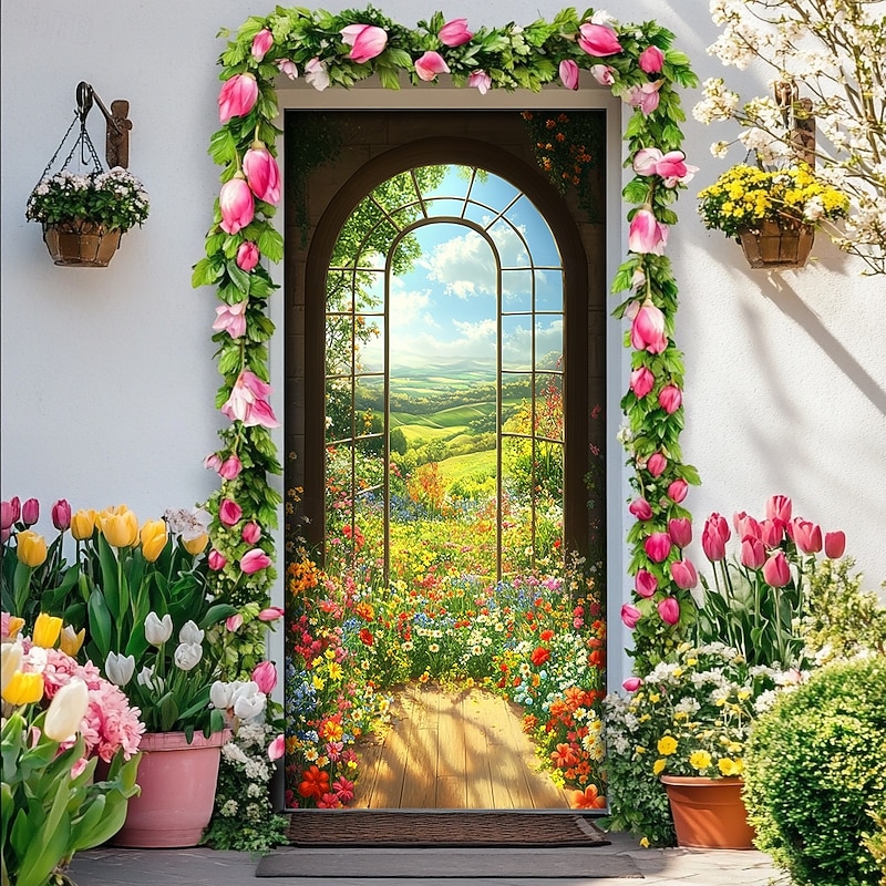 Landscape Door Decorations Door Covers Flowers Window Door Tapestry Door Curtain Decoration Backdrop Indoor/Outdoor Door Banner for Front Door Farmhouse