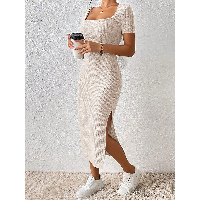Women's Long Dress Maxi Dress Knit Dress Modern Daily Slim Pure Color Short Sleeve Square Neck Light Grey Apricot Spring Fall3