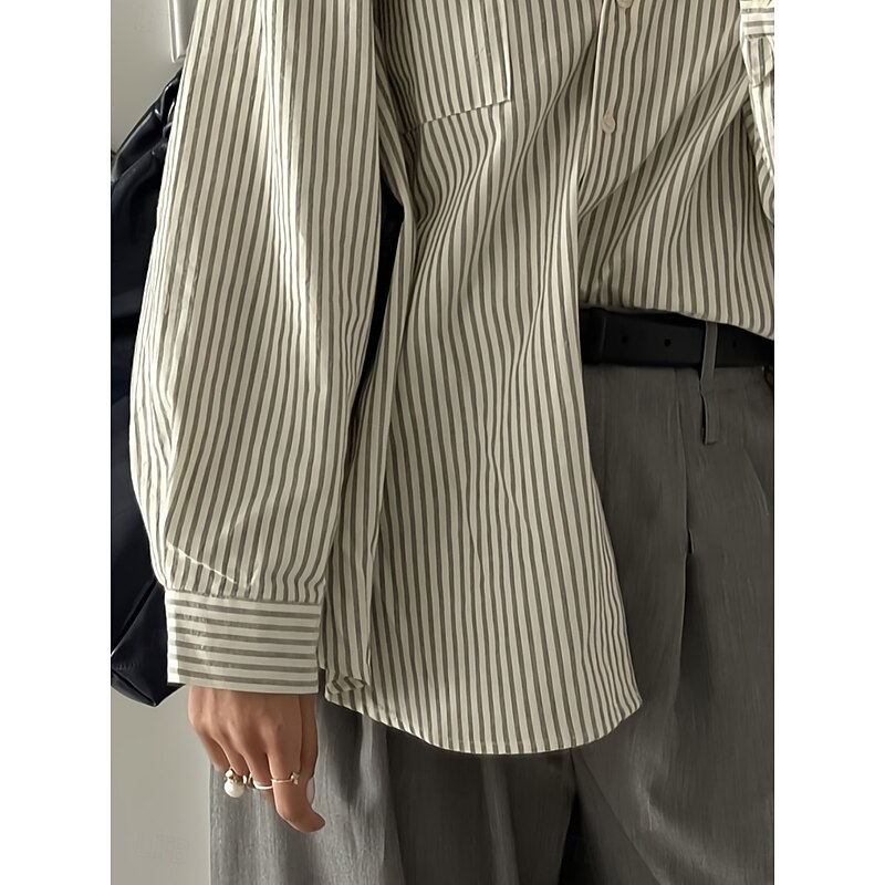 Women's Shirt Blouse Striped Stylish Casual Long Sleeve Shirt Collar Regular Tops Daily Buttons Pocket Print Gray Summer Spring3