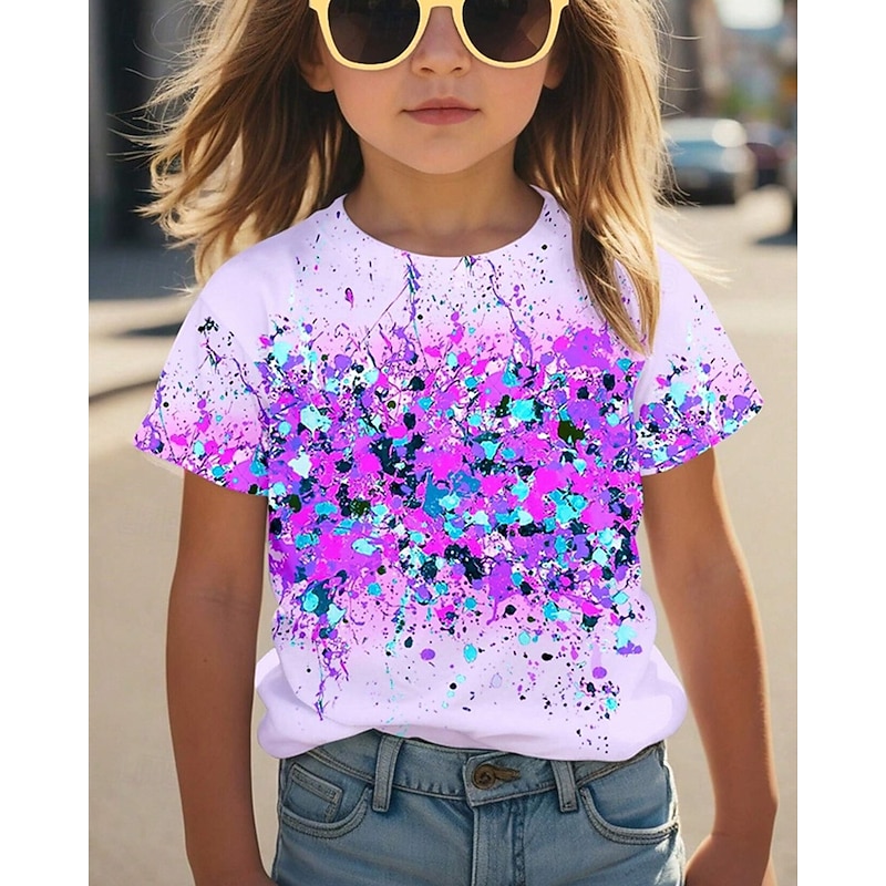 Girls' 3D Graphic Tee Short Sleeve Summer Spring Fashion Basic Kids 4-12 Years Crew Neck Outdoor Casual Daily Regular Fit3