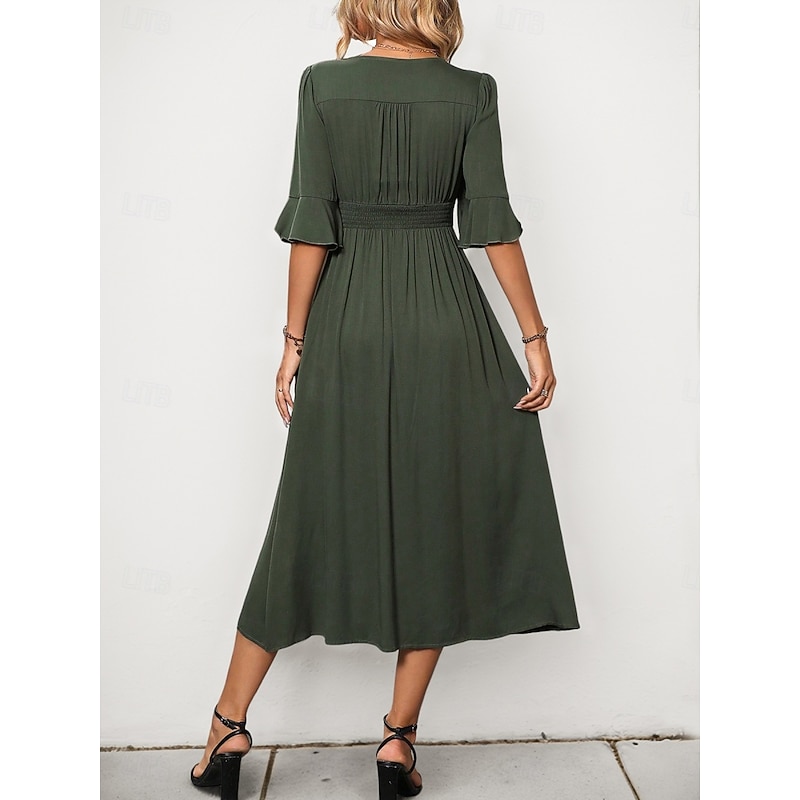 Women's Midi Dress Casual Dress A Line Dress Basic Casual Vacation Daily Regular Fit Plain Half Sleeve V Neck Green Summer2