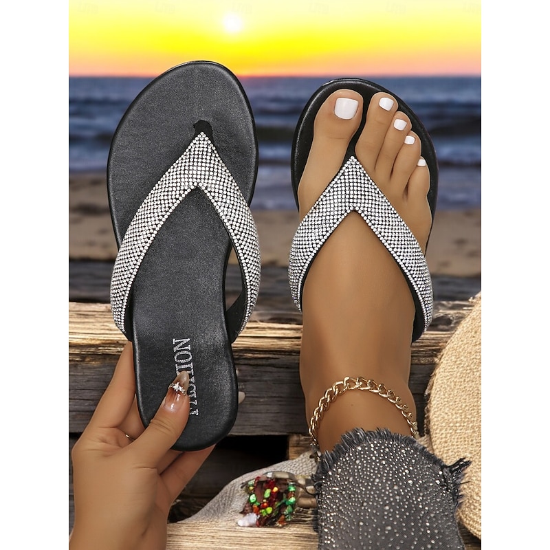 Women's Rhinestone Embellished Flip Flop Sandals – Stylish and Comfortable Casual Sandals for Summer, Beach, and Vacation4