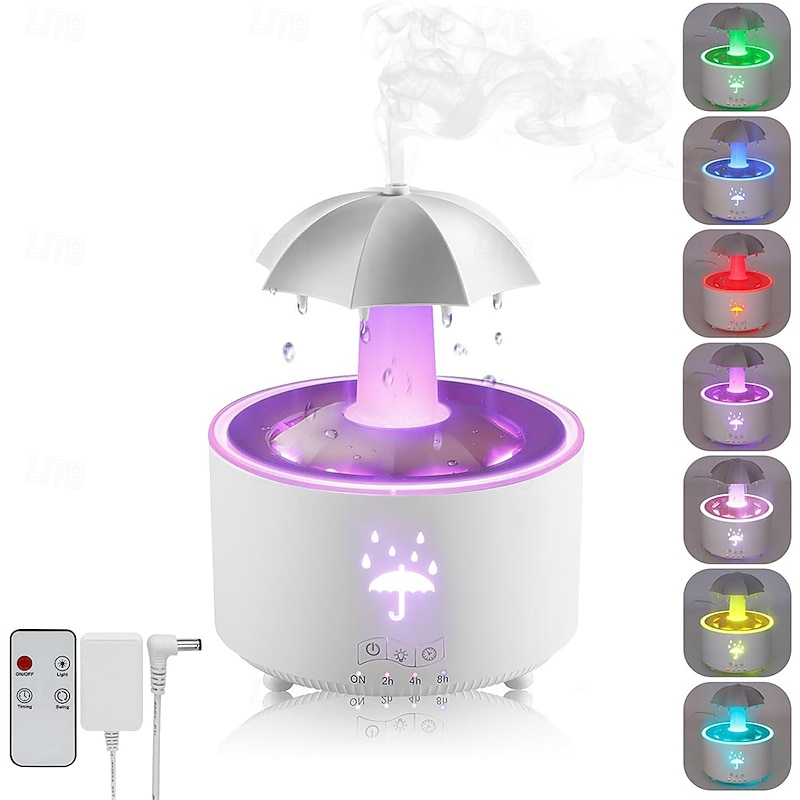 300ML LED Smart Light Umbrella Rain Humidifier with 7-Color LED Light, Remote & Timer Aroma Diffuser for Bedroom, Fun Gift for Kids, Teens & Women