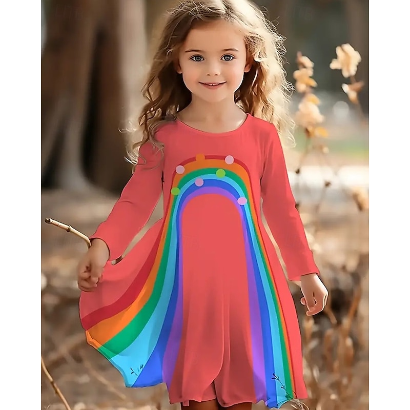 Girls' 3D Rainbow Dress Long Sleeve Summer Vacation Daily Holiday Princess Beautiful Sweet Kids 4-12 Years Casual Dress A Line Dress Knee-length Regular Fit2