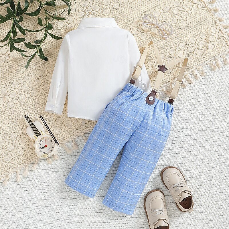3 Pieces Ring Bearer Suit Boys Kids Toddler Shirt & Pants School Formal Anniversary Fashion Gentle Plaid V Neck White Cotton2