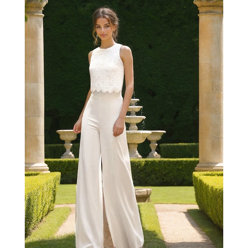 Wedding Dresses Jumpsuits Off Shoulder Sleeveless Floor Length Stretch Fabric Bridal Jumpsuit with Lace Top Solid Color