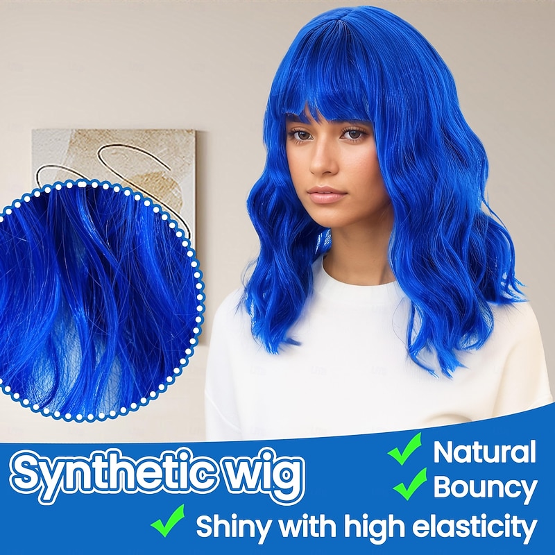 Blue Wigs for Women and Girl, Wavy Dark Blue Wig Short Blue Hair Wig, Natural Bob Blue Wig with Bangs, Shoulder Length Blue Curly Wig, Synthetic Cosplay Wig3