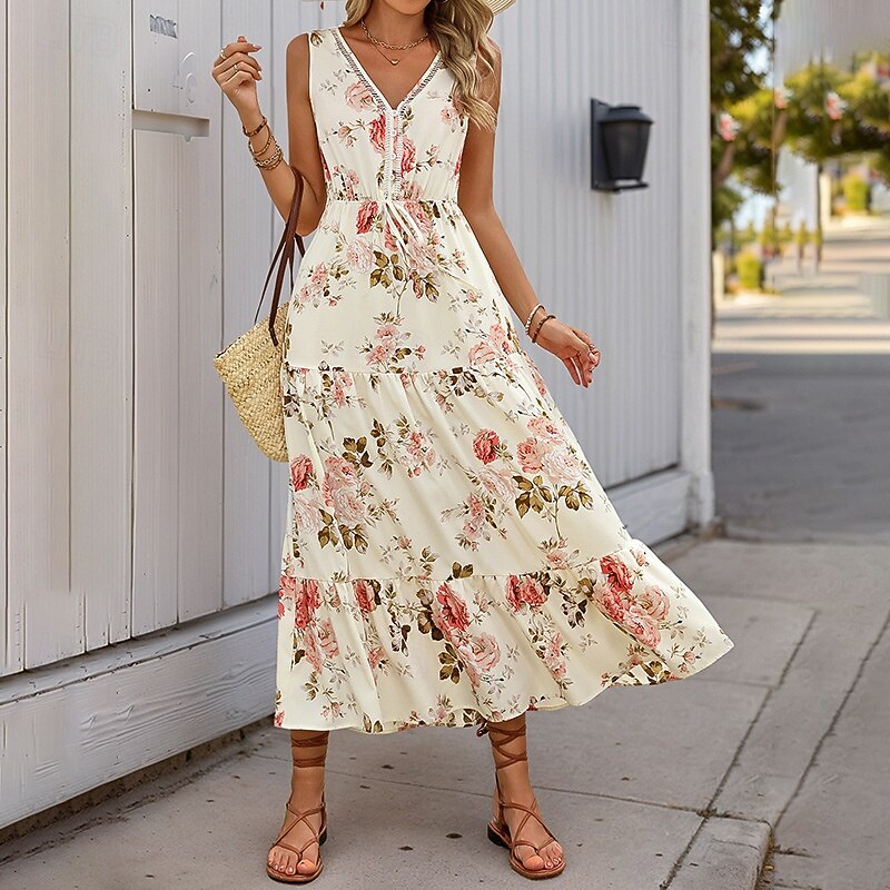 Women's Maxi Dress A Line Dress Floral Dress Stylish Casual Vacation Casual Daily Regular Fit Floral Short Sleeve V Neck White Summer Spring