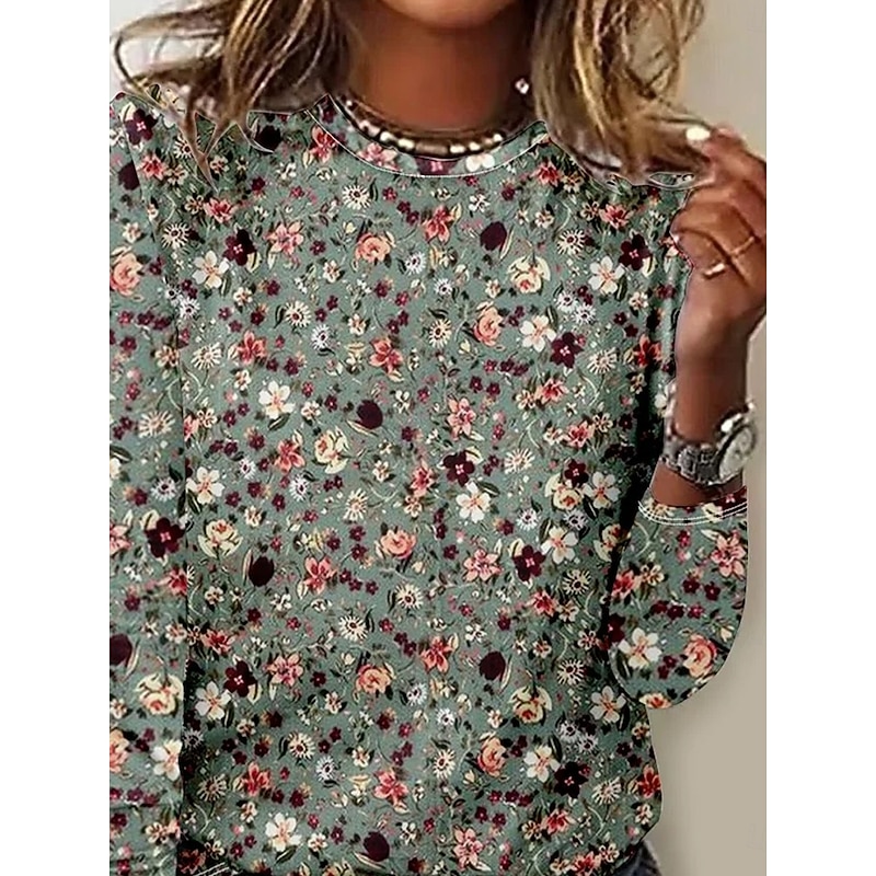 Women's T shirt Crew Neck Long Sleeve Tunic Floral Elegant Vintage  Regular Tops Daily Going out Weekend Print Sage Green2