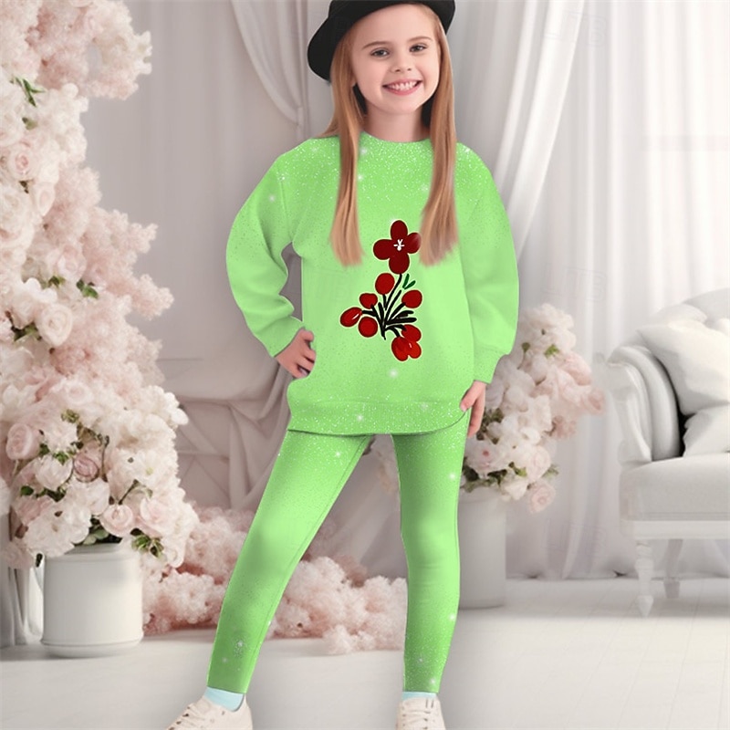 Girls' 3D Floral Graphic Sports Suit Tracksuits Sweatshirt & Legging Set Long Sleeve Spring Fall Daily Casual Tights Kids 4-12 Years Crew Neck Outdoor Vacation Sports Tailored Fit