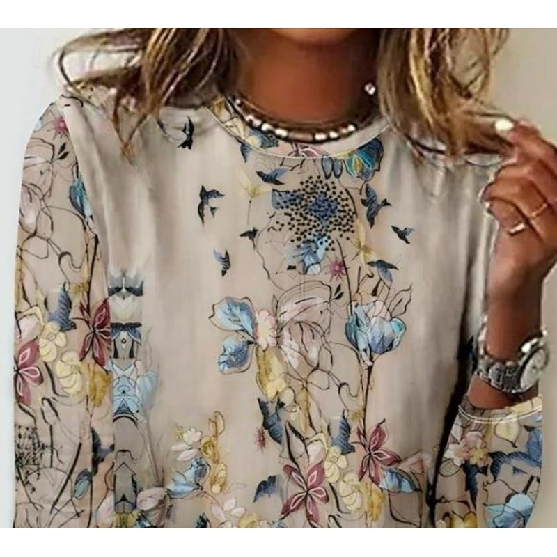 Women's T shirt Crew Neck Long Sleeve Tunic Floral Animal Plants Casual  Regular Tops Daily Going out Weekend Print Khaki2