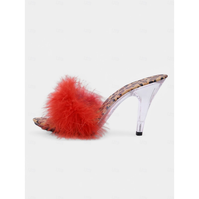 Women's Leopard Print Heeled Mules with Red Fluffy Feathers – Sexy & Playful Open-Toe Slip-Ons3