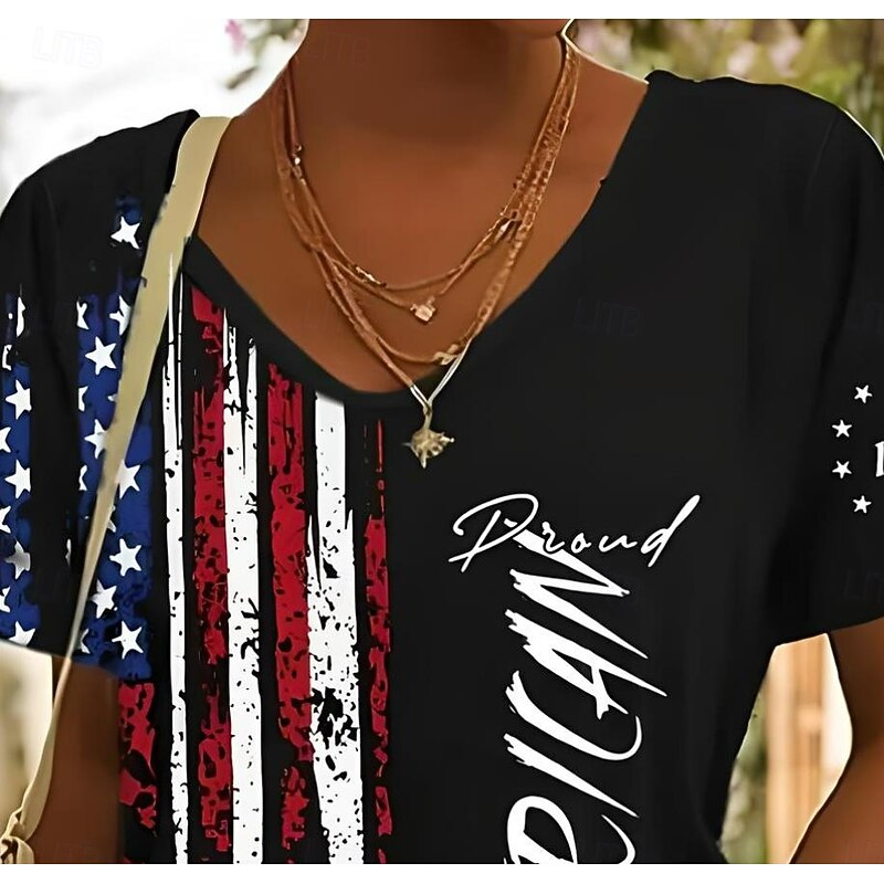 Independence Day Women's T Shirt Flag American Flag National Flag Stylish Casual Short Sleeve V Neck Regular Tops Daily Weekend Print Black Summer Spring2