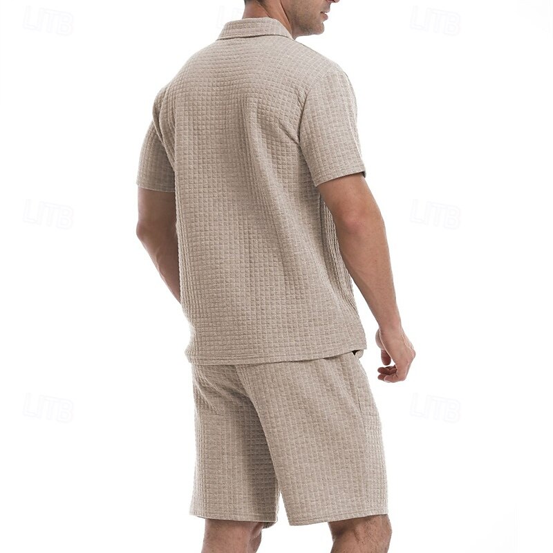 Men's Waffle Tracksuit Polo Shirt & Shorts Set Outfit Set Polo Collar Quarter Zip Outdoor Daily Sports Pocket Drawstring 2 Piece Plain Black White Khaki Polyester Activewear Classic Casual Summer4