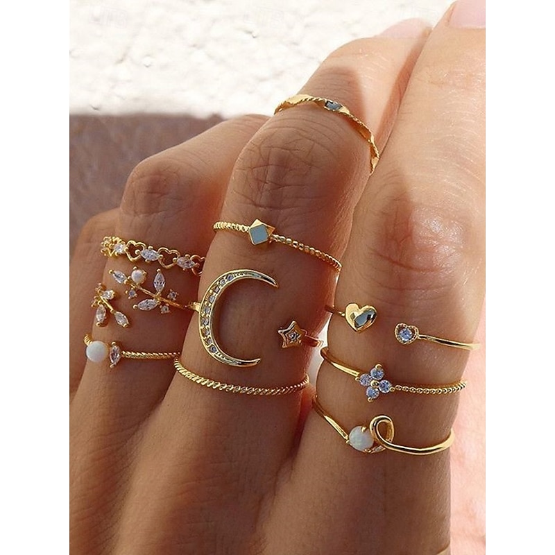 Gold-Plated Stacking Rings Set for Women – Rhinestone and Pearl-Embellished Adjustable Rings, Trendy Boho Style for Casual and Formal Occasions