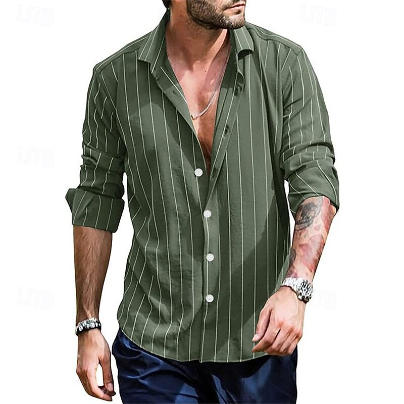 Men's Shirt Summer Shirt Casual Shirt Beach Shirt Button Up Shirt Black White Yellow Light Green Pink Long Sleeve Stripe Lapel Vacation Hawaiian Button-Down Clothing Apparel Polyester Fashion Casual