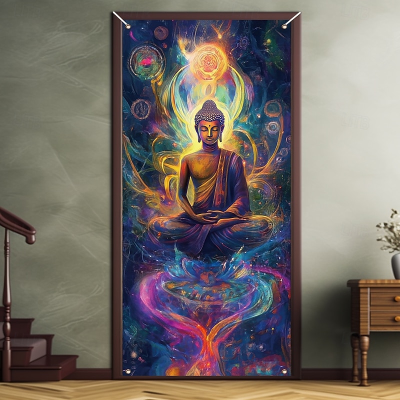 Blacklight Door Decorations Door Covers Glow in the Dark Buddha Mandala Door Tapestry Door Curtain Decoration Backdrop Indoor/Outdoor Door Banner for Front Door Farmhouse4