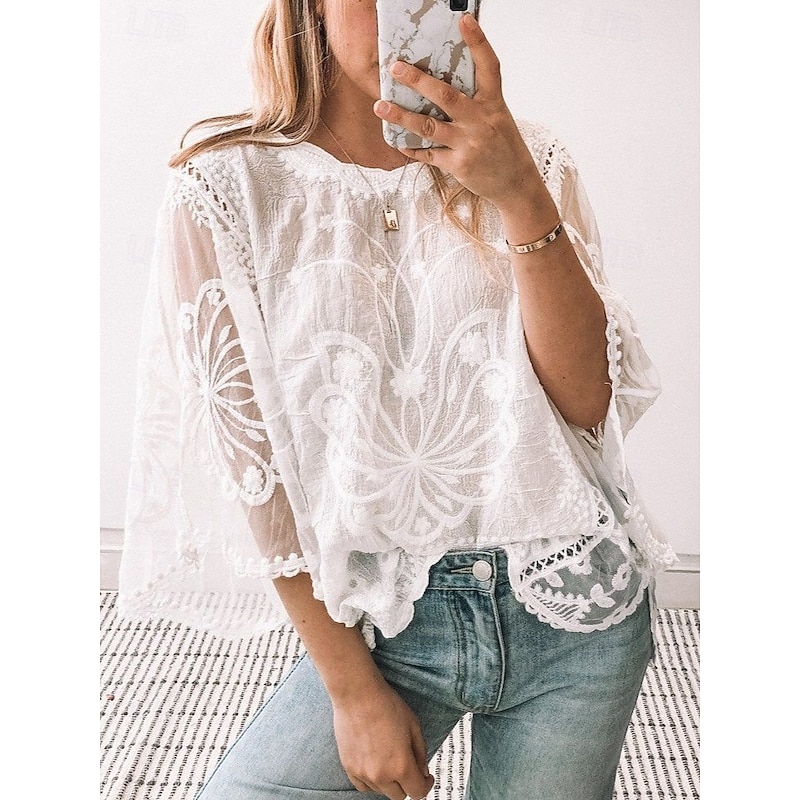 Women's Shirt Lace Shirt Lace Splicing Top Blouse Solid Color Elegant Stylish Casual Half Sleeve Flutter Sleeve Crew Neck Regular Tops Wedding Guest Daily Holiday Lace Lace Trim White Pink Blue Khaki2