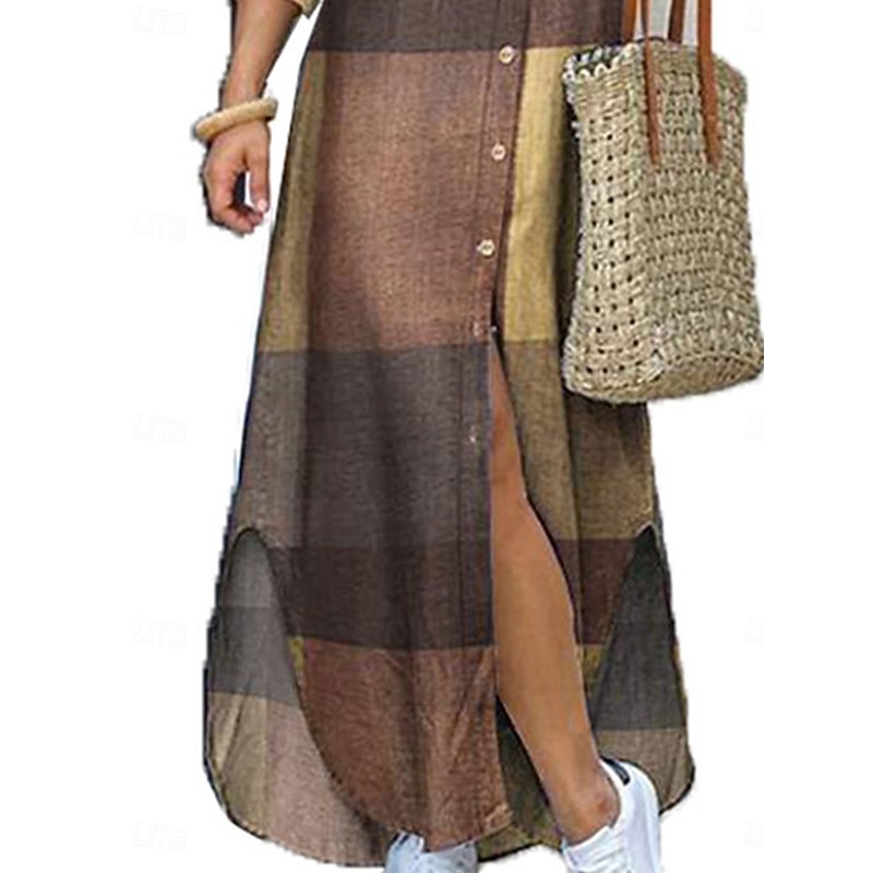 Women's Maxi Dress Shirt Dress Casual Dress Stylish Basic Casual Vacation Daily Loose Fit Graphic Long Sleeve Shirt Collar Wine Red Blue Khaki Spring Fall2