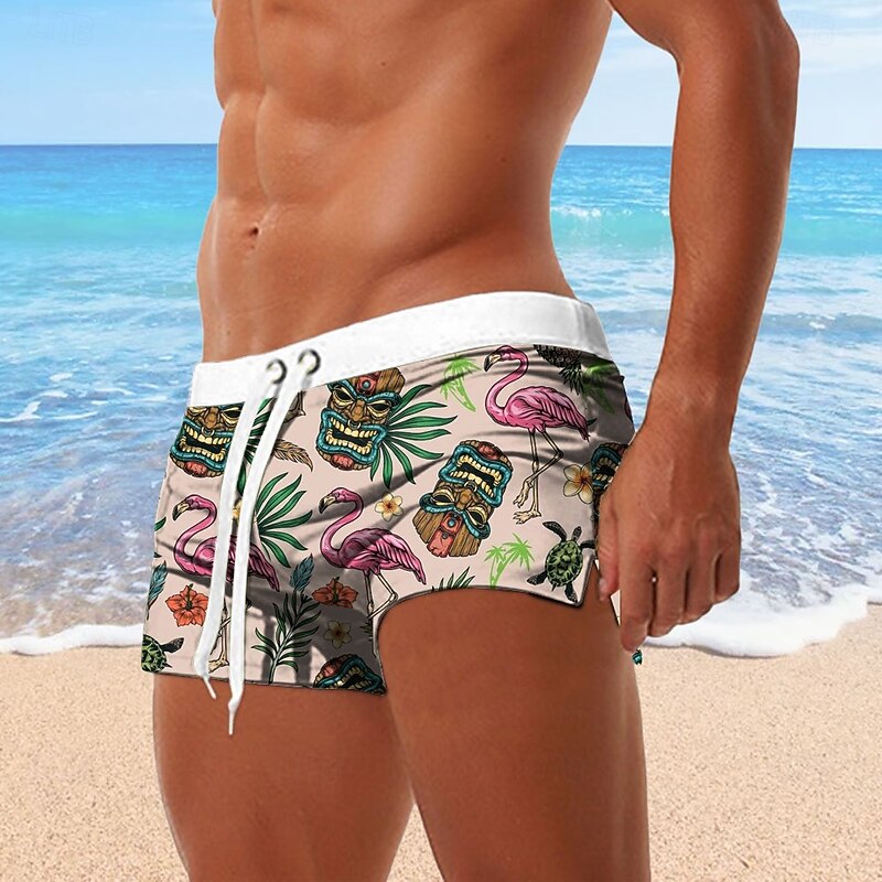 Men's Floral Print Ethnic Tiki Swim Trunks Swim Shorts Board Shorts Mid Waist 3D Print Hawaiian Surfing Holiday Beach Drawstring with Mesh lining Elastic Waist Designer Clothing Apparel3