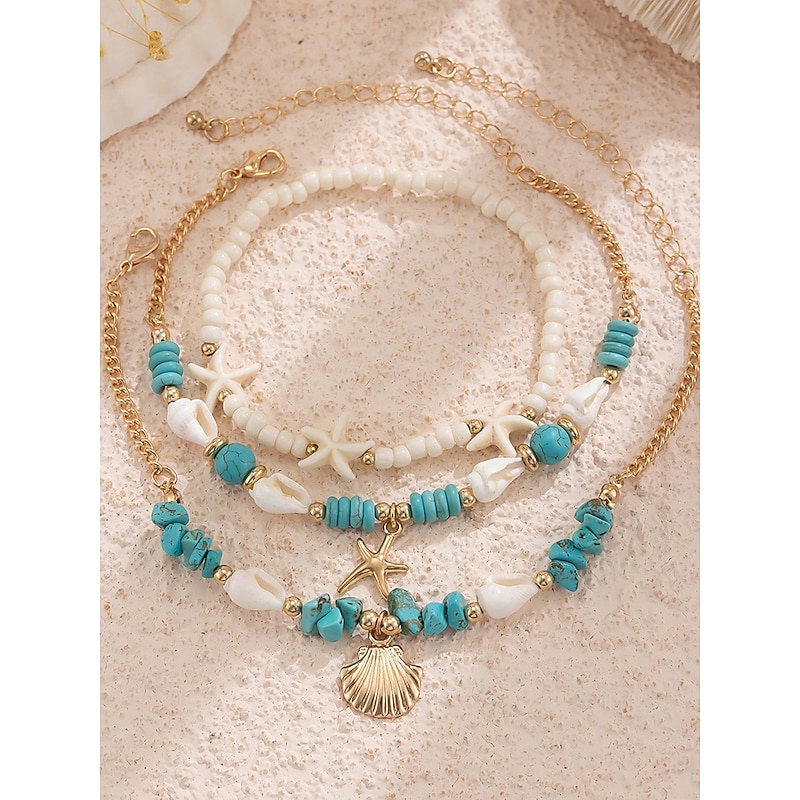 Boho Beach Anklet Set for Women – Handmade Shell & Turquoise Beaded Starfish Ankle Bracelets, Summer Foot Jewelry for Vacations & Festivals4