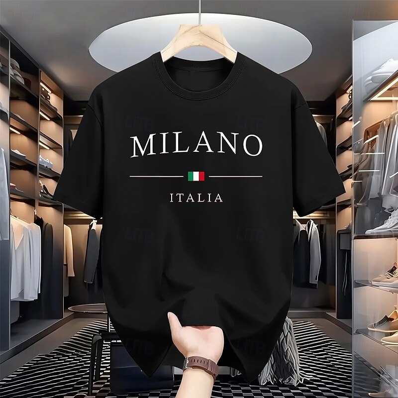 Men's Black Short Sleeve T-Shirt with Milano Italia Italian Flag Graphic2