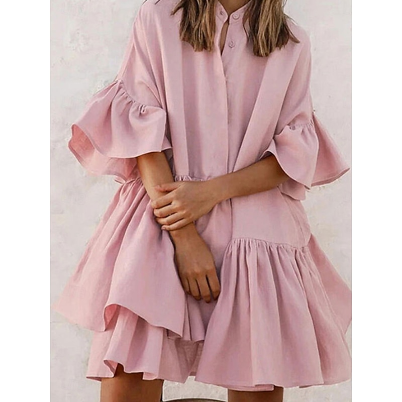 Women's Mini Dress Casual Dress Chiffon Dress Elegant Cute Stylish Flared Sleeve Vacation Daily Loose Fit Plain Short Sleeve Stand Collar Black White Pink Summer Spring