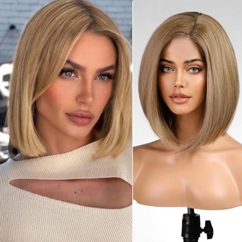Short Bob Wig Straight Shoulder Length Wigs for Women Middle Part Heat Resistant Fibre Synthetic Wig Daily Use