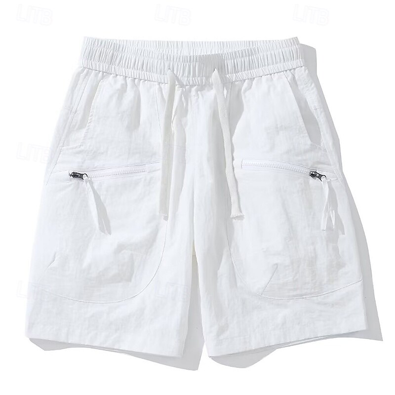 Men's Cargo Shorts Shorts Bermuda shorts Casual Shorts Elastic Waist Zipper Pocket Straight Leg Plain Breathable Moisture Wicking Knee Length Outdoor Casual Running Sports Fashion Black White2