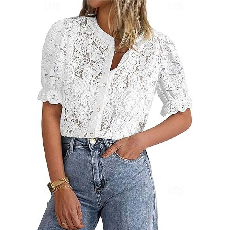 Women's Boho Shirt Lace Shirt Dressy Tops Lace Tops Solid Color Elegant Cute Hawaiian Short Sleeve Lantern Sleeve Crew Neck Regular Tops Daily Holiday Going out Lace Buttons Black White Light Green