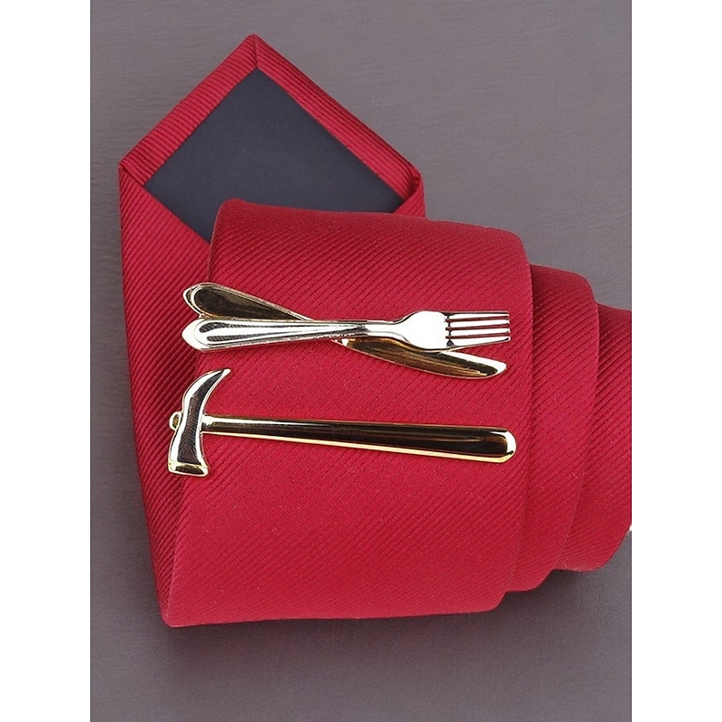 Men's Gold Plated Fork, Knife and Hammer Tie Clip - Unique and Stylish Design - Perfect for Weddings, Formal and Creative Occasions