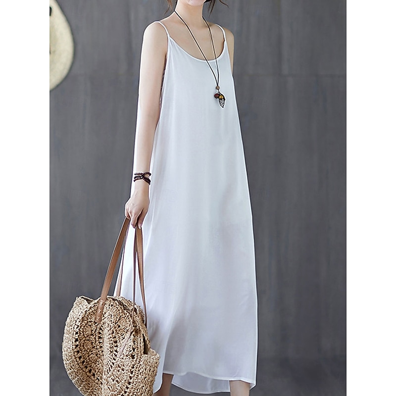 Women's Long Dress Maxi Dress Cotton Linen Dresses Casual Dress Slip Dress Basic Casual Vacation Casual Daily Regular Fit Plain Sleeveless Strap Black White Pink Blue Summer Spring