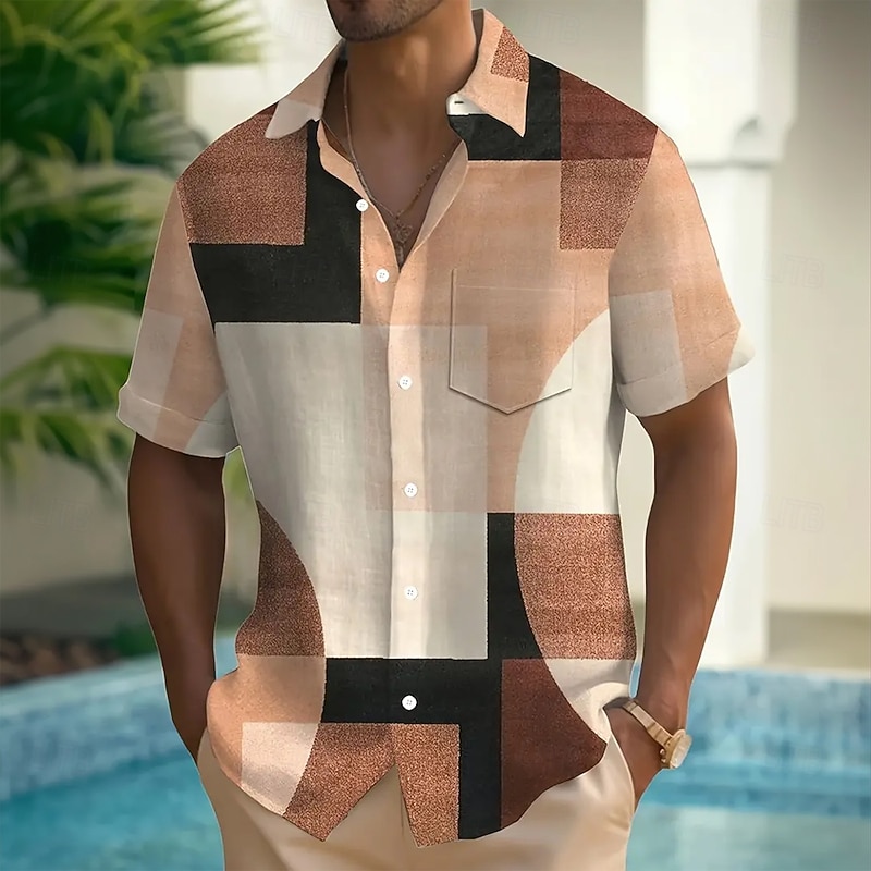 Men's Geometric Color Block Patchwork Shirt Button Up Shirt Short Sleeve Fashion Casual Vacation Casual Holiday Summer Turndown 3D Print Collared Shirts Front One Pocket Blue Purple Brown3
