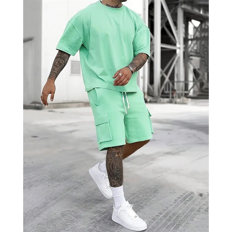Men's Workout Set Tracksuit T shirt & Shorts Set Outfit Set Crew Neck Outdoor Daily Sports Pocket Drawstring 2 Piece Plain Black Red Green Polyester Activewear Classic Casual Summer