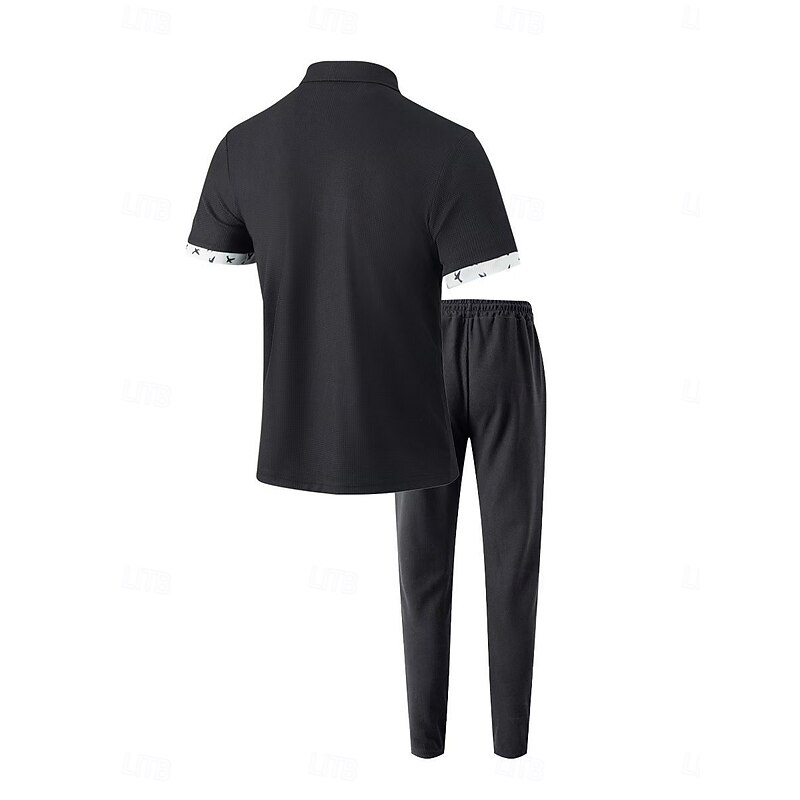 Men's T-shirt Suits Shirt and Pant Sets 2 Pieces Outfits Short Sleeve Lapel Summer Color Block Fashion Casual 2 Piece Vacation Daily Wear Going out Black White Wine Top Tee for Men4