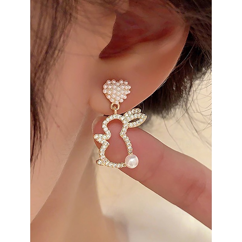 Women's Easter Bunny Rabbit Earrings - Heart design with crystal details and pearl embellishments, lovely gold plated women's earrings, perfect for Easter, spring parties and casual outings