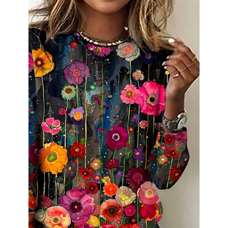 Women's T shirt Long Sleeve Crew Neck Long Sleeve Tunic Floral Elegant Vintage Regular Tops Daily Going out Weekend Print Red Prefall2