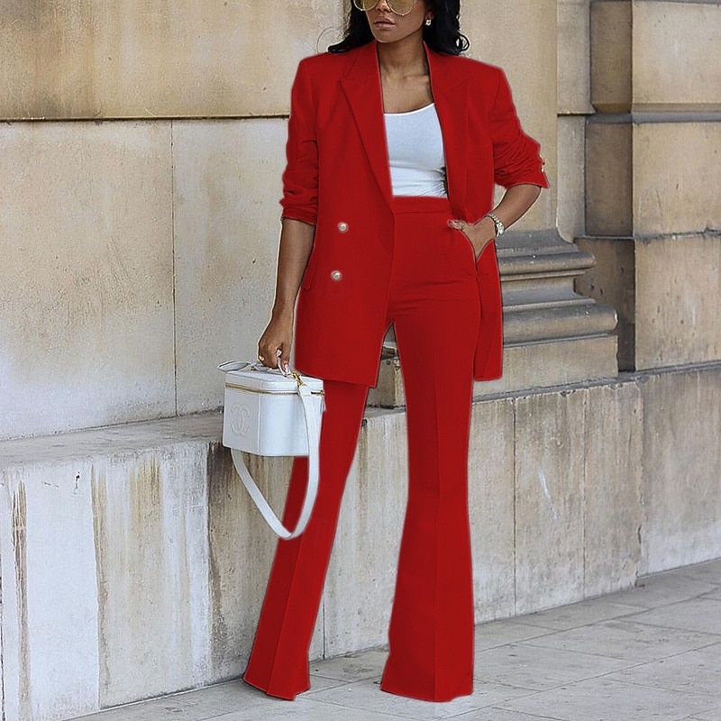 Women's Fashion Business Blazer Blazer Suits Dress Pants Wide Leg Pants Pants Trousers Long Sleeve Notch lapel collar Solid Color Dubbele Rij Knopen Outdoor Daily Wear White Yellow Red Spring Regular