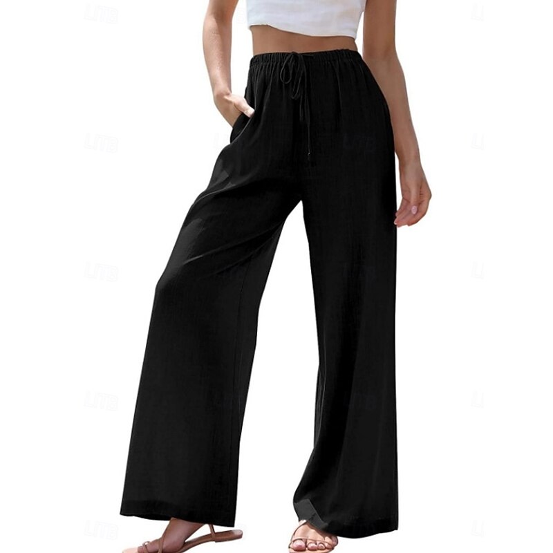 Women's Culottes Wide Leg Cotton Linen Pants Chinos Fashion Basic Full Length Medium Waist Plain Pocket Drawstring Comfort Outdoor Micro-elastic Vacation Street Daily Apricot Dark Gray Black White2