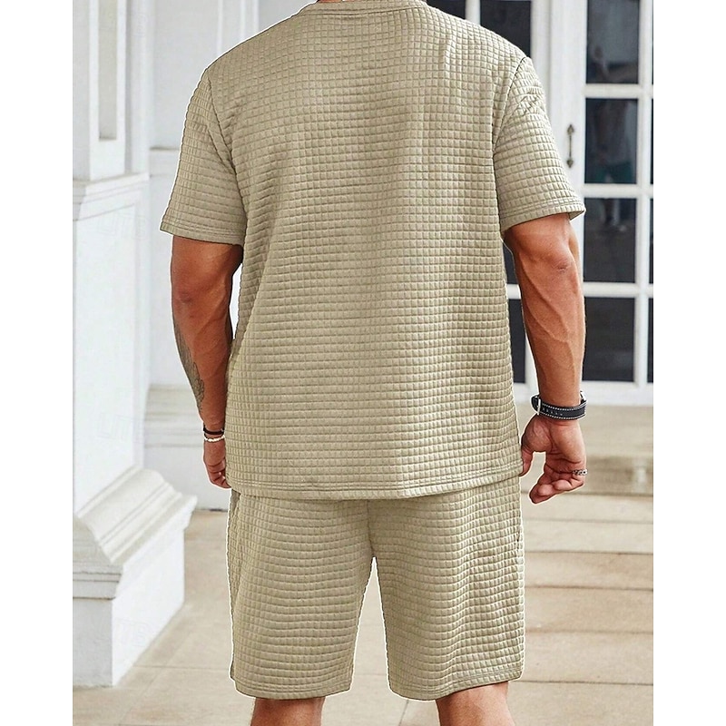 Men's Waffle Tracksuit T shirt & Shorts Set Outfit Set Crew Neck Outdoor Daily Sports Pocket Drawstring 2 Piece Plain Black White Khaki Polyester Activewear Classic Casual Summer3