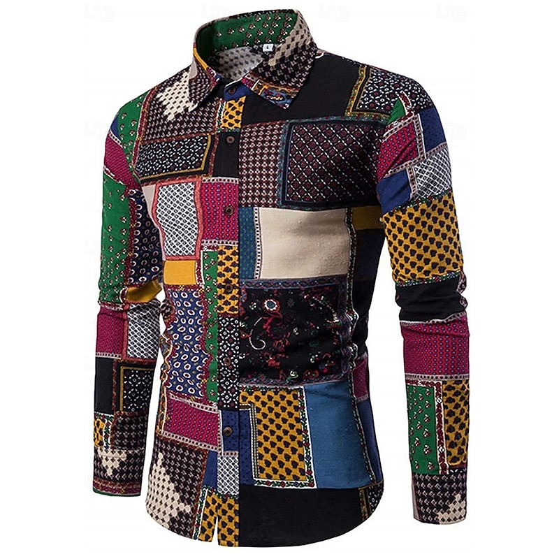 Retro Vintage 1970s Shirt Hippie Check Ethnic Fancy Dress Men's Party Daily Wear Pride Parade Adults' Shirt